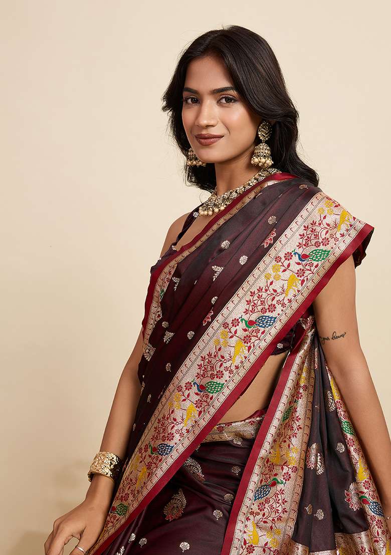 Coffee Woven Silk Blend Saree Set for Diwali and Festive Wear - Indya