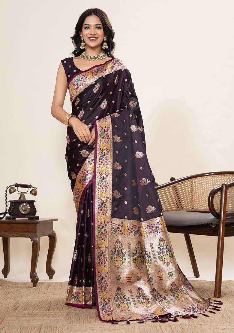 Wine Woven Silk Blend Saree Set for Diwali | Wedding & Festive Wear - Indya
