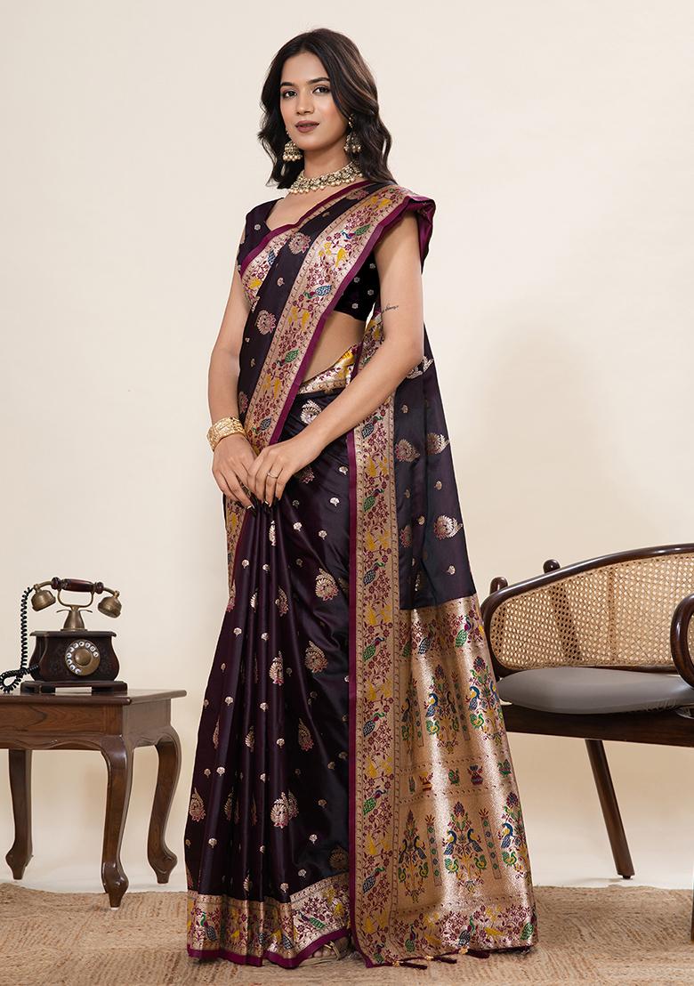 Wine Woven Silk Blend Saree Set - Indya