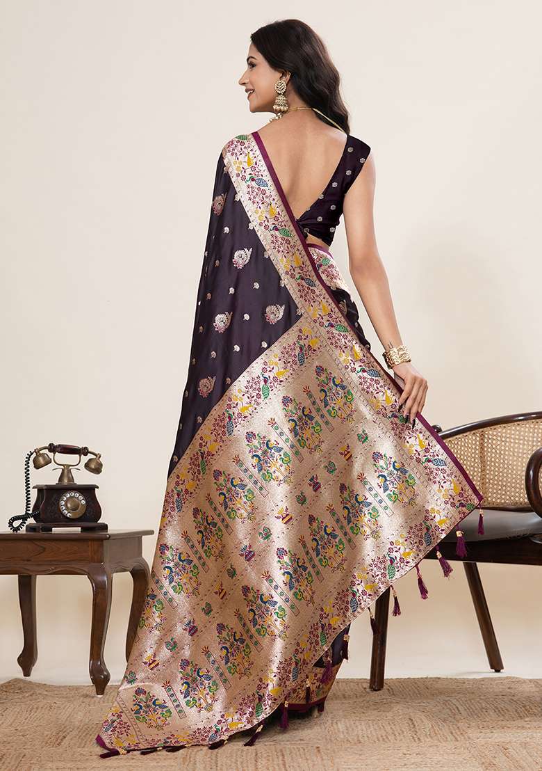 Wine Woven Silk Blend Saree Set for Diwali | Wedding & Festive Wear - Indya