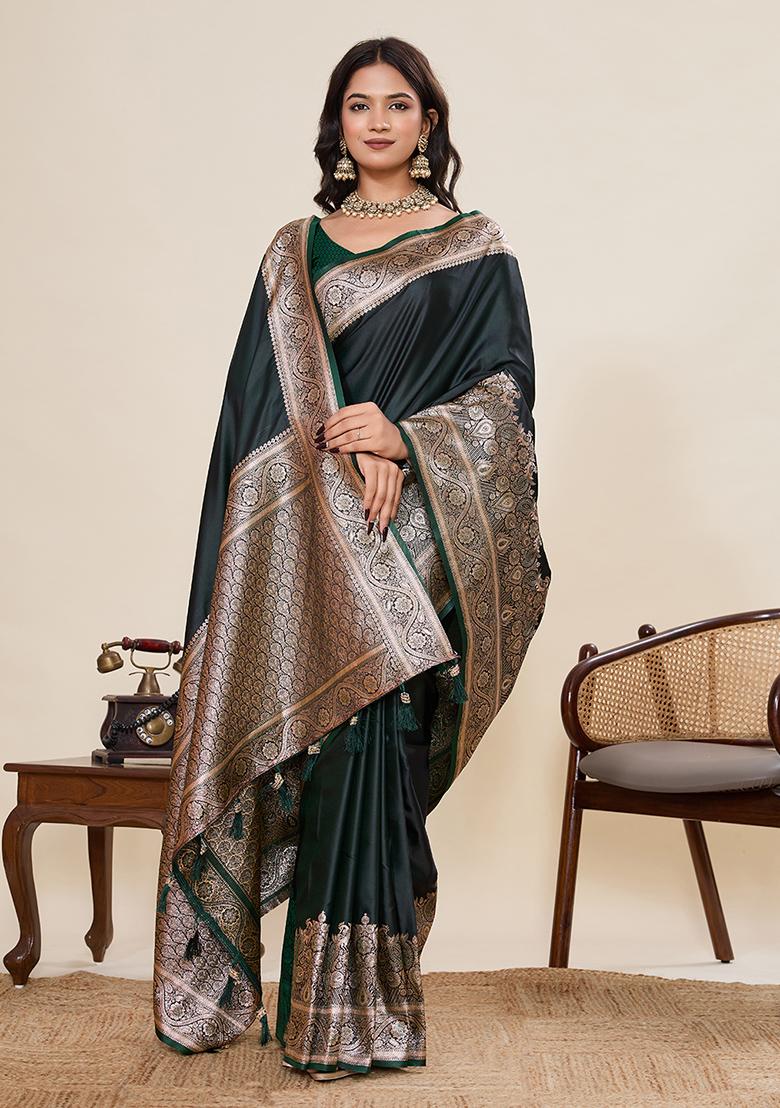 Green Woven Silk Blend Saree Set - Indya