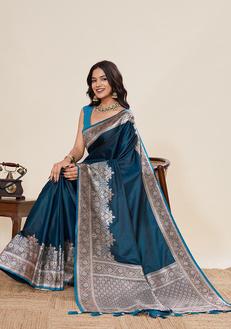 Teal Woven Silk Blend Saree Set - Indya