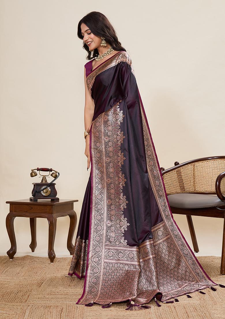 Purple Woven Silk Blend Saree Set - Indya