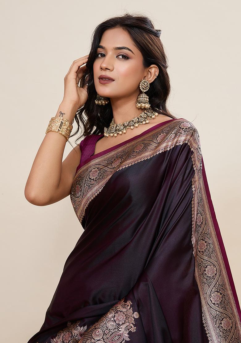 Purple Woven Silk Blend Saree Set - Indya