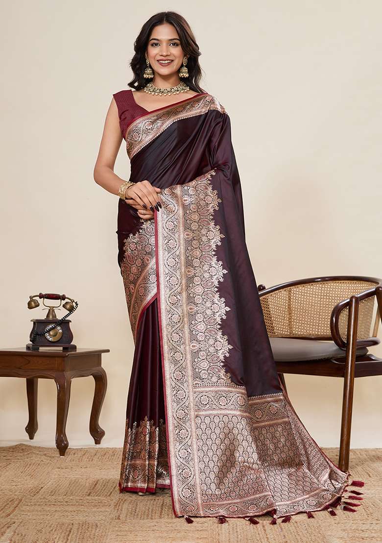 Wine Woven Silk Blend Saree Set for Diwali | Wedding & Festive Wear - Indya