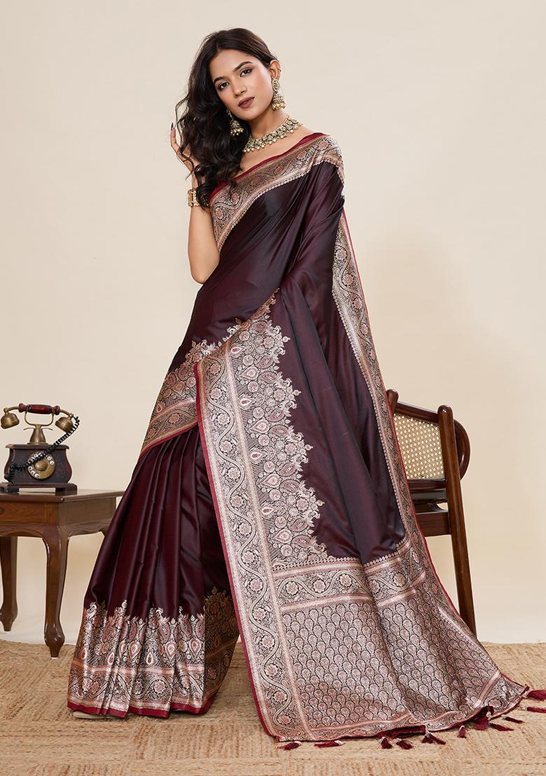 Wine Woven Silk Blend Saree Set - Indya