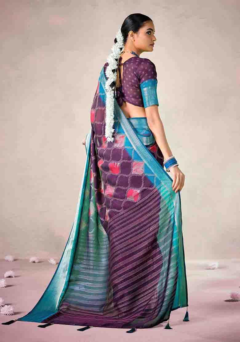 Purple Woven Art Silk Saree Set - Indya