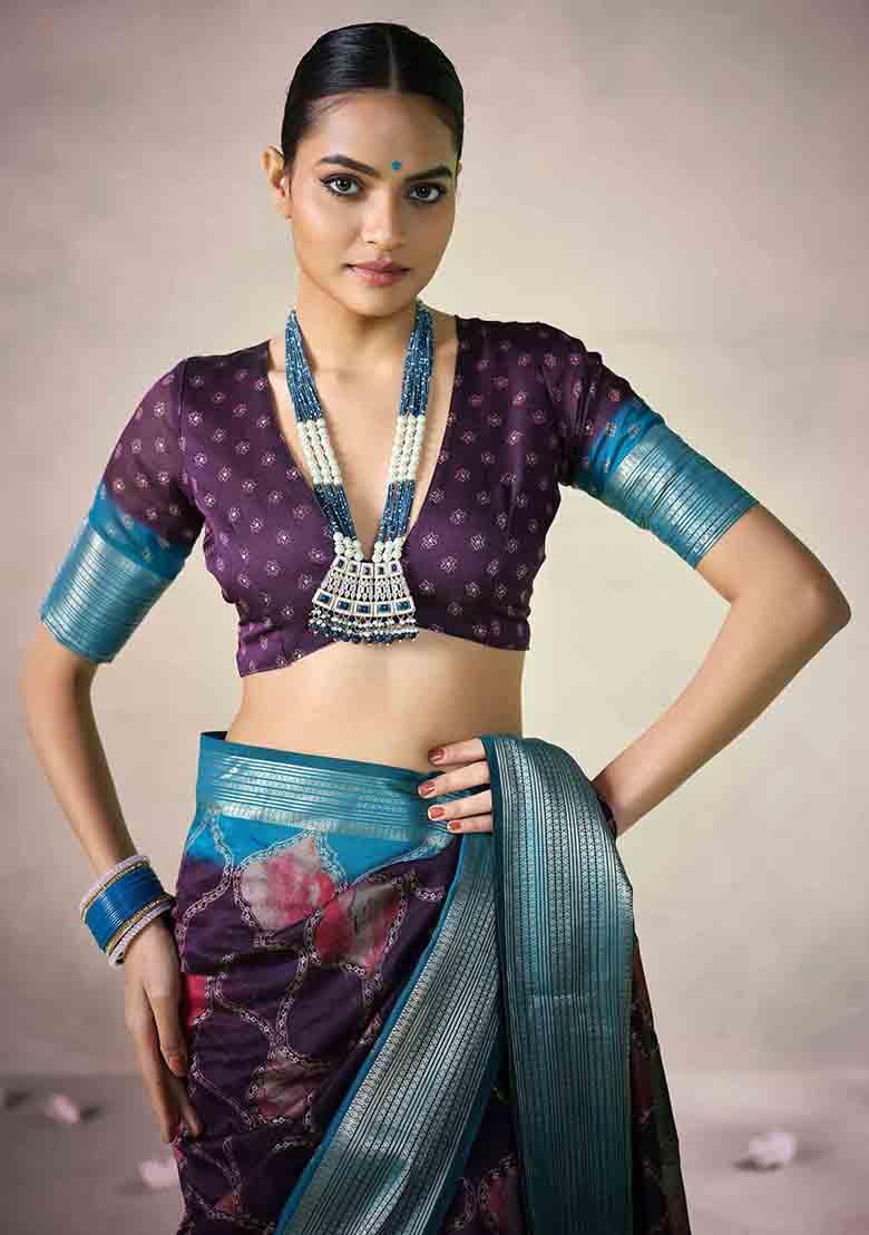 Purple Woven Art Silk Saree Set - Indya