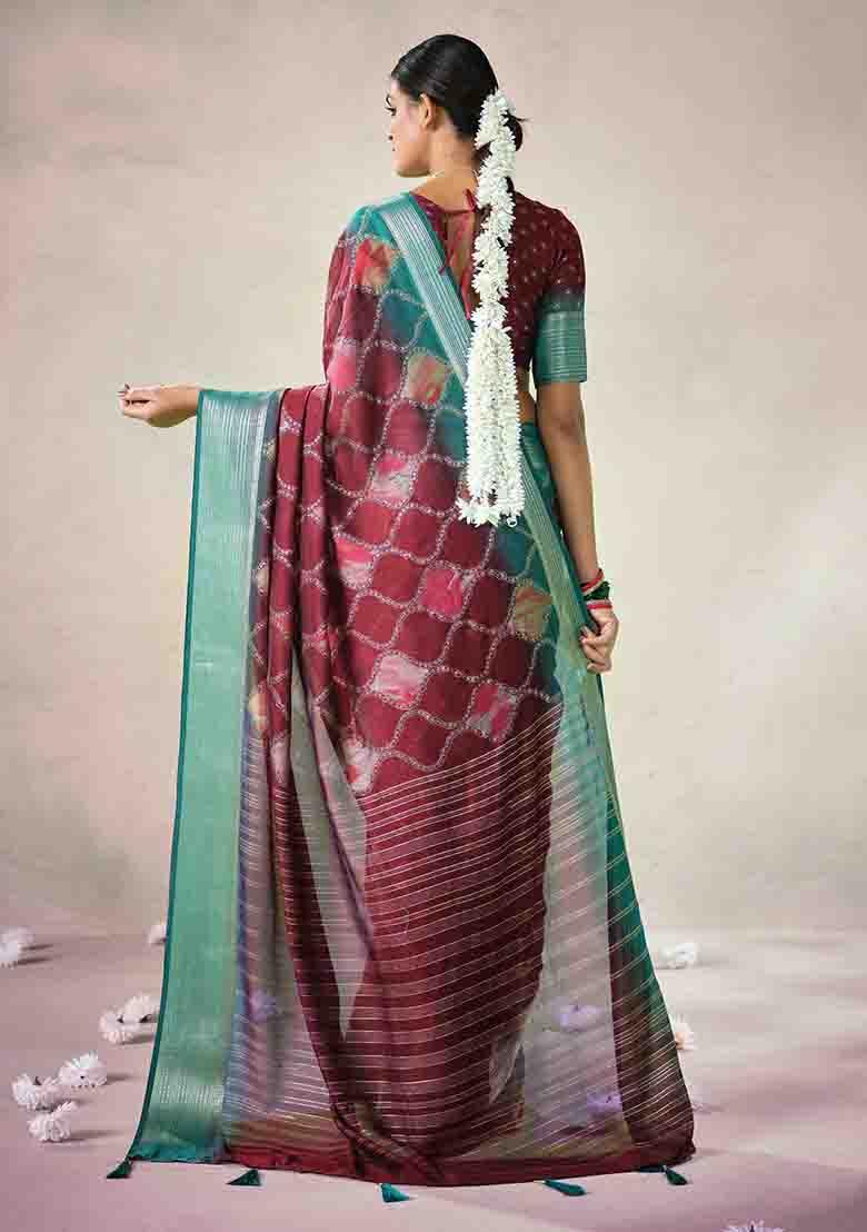 Red Woven Art Silk Saree Set - Indya