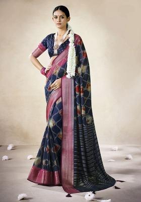 Navy Blue Woven Art Silk Saree Set