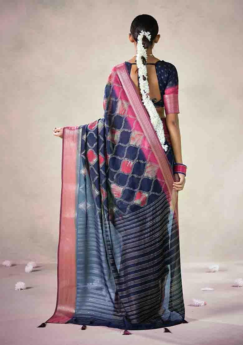 Navy Blue Woven Art Silk Saree Set - Indya