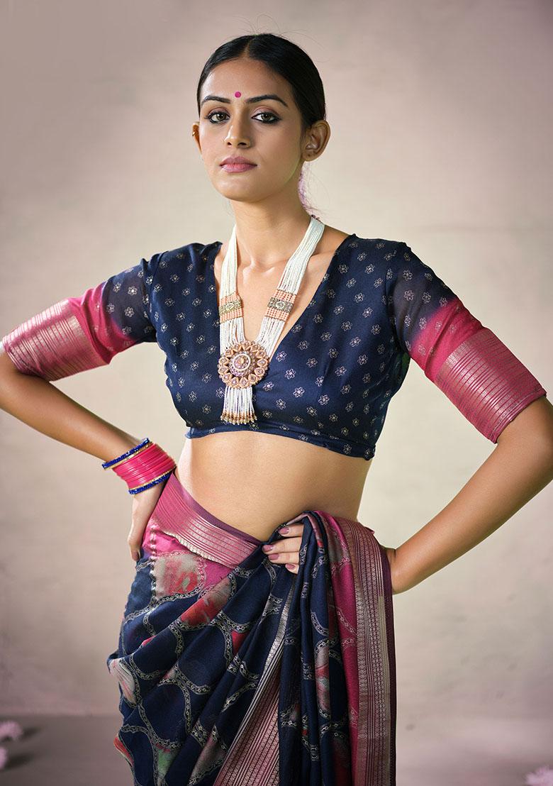 Navy Blue Woven Art Silk Saree Set - Indya