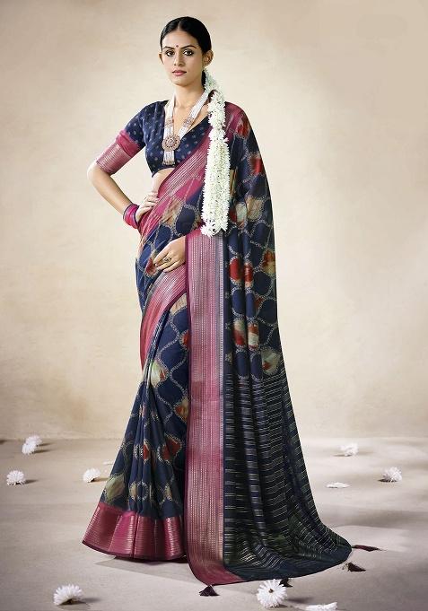 Navy Blue Woven Art Silk Saree Set