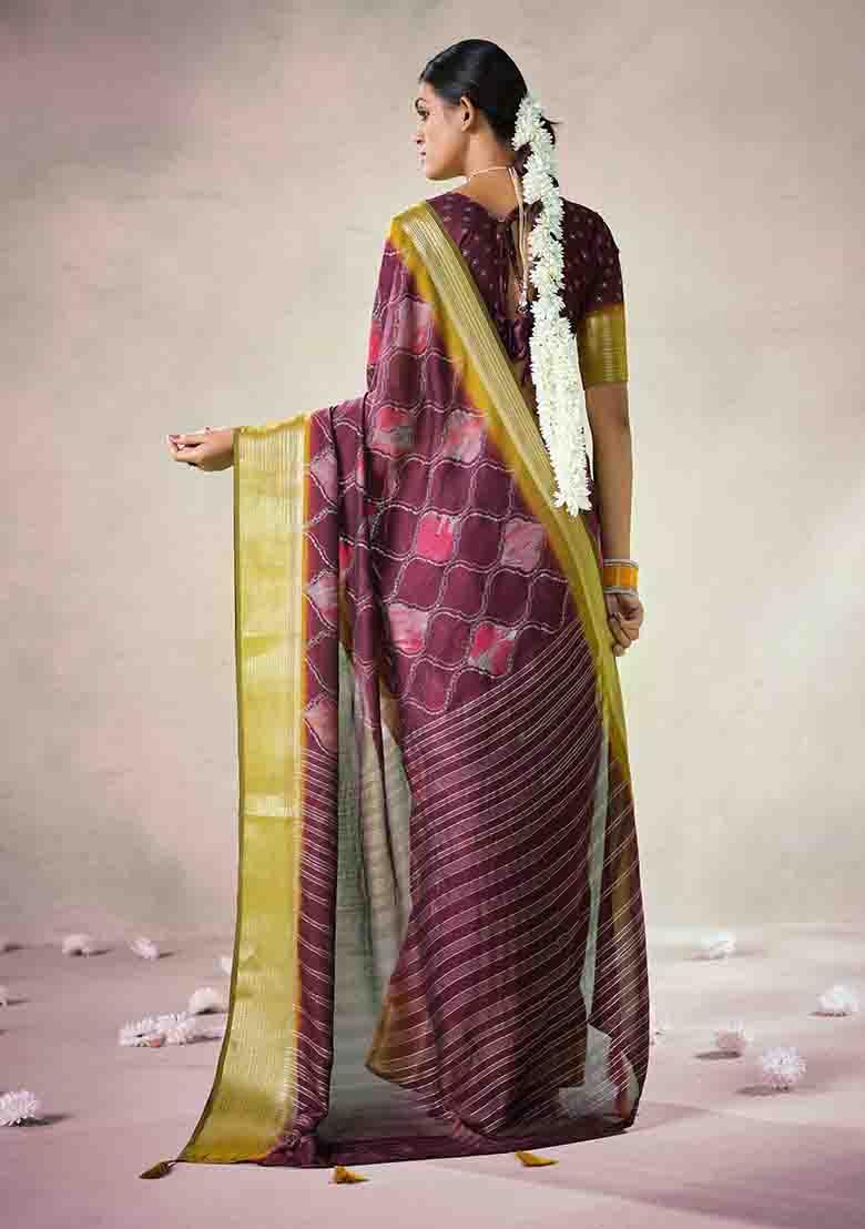 Wine Woven Art Silk Saree Set - Indya
