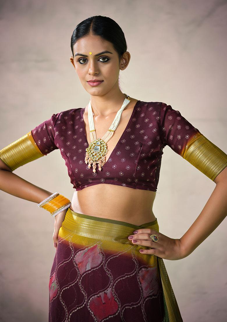 Wine Woven Art Silk Saree Set - Indya