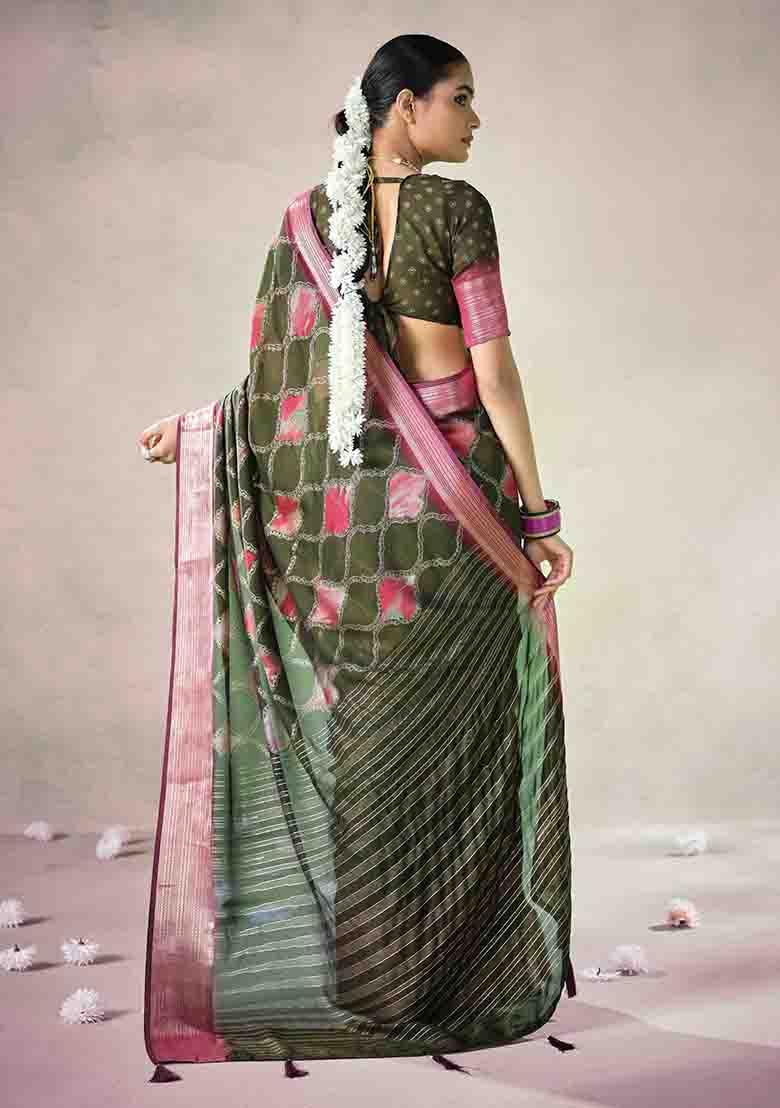 Green Woven Art Silk Saree Set - Indya