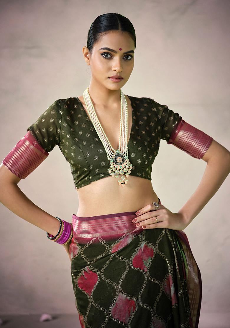 Green Woven Art Silk Saree Set - Indya