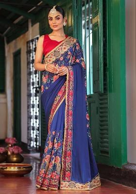 Blue Embroidered Chiffon Saree Set