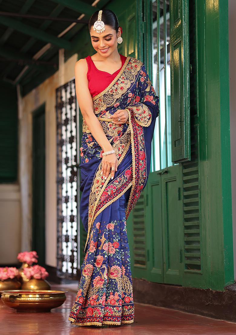 Blue Embroidered Chiffon Saree Set - Indya