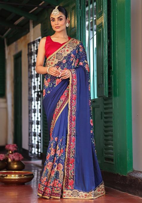 Blue Embroidered Chiffon Saree Set