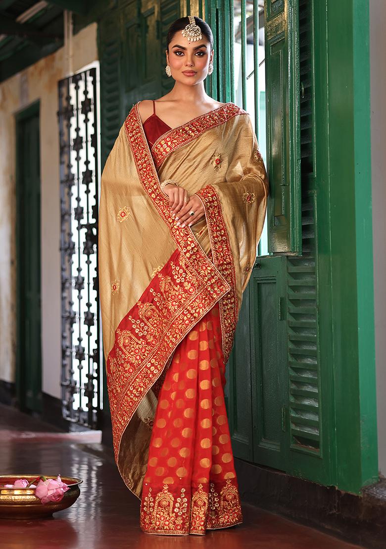 Brown Embroidered Satin Saree Set - Indya