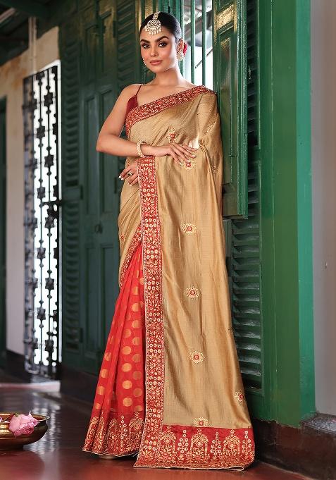 Brown Embroidered Satin Saree Set