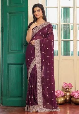 Wine Embroidered Chiffon Saree Set