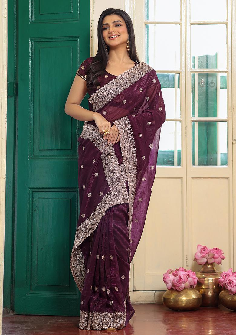 Wine Embroidered Chiffon Saree Set - Indya