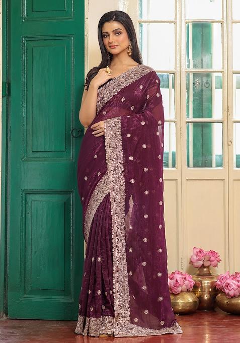 Wine Embroidered Chiffon Saree Set