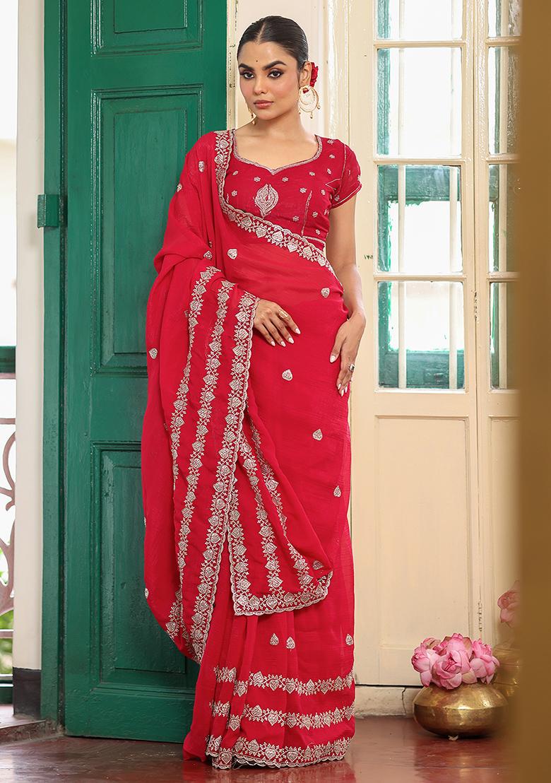 Red Embroidered Satin Saree Set - Indya