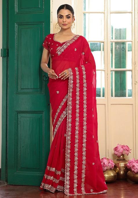 Red Embroidered Satin Saree Set