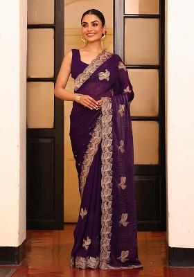 Violet Embroidered Satin Saree Set