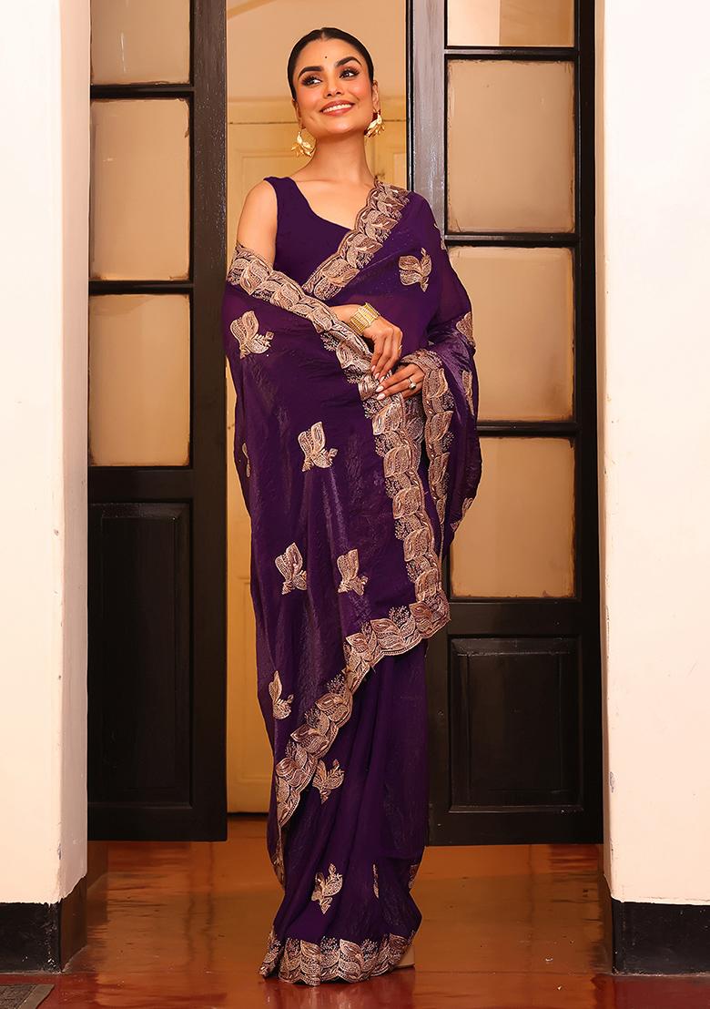 Violet Embroidered Satin Saree Set - Indya
