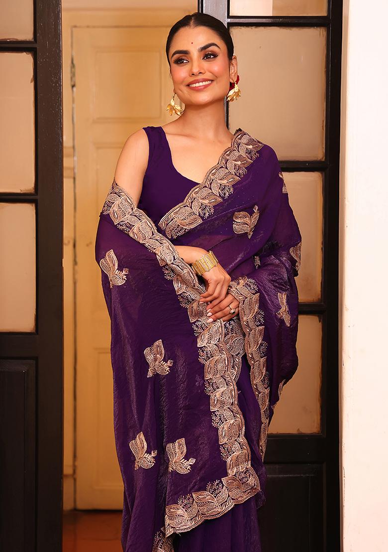 Violet Embroidered Satin Saree Set - Indya