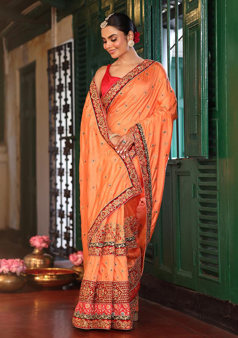 Peach Embroidered Silk Blend Saree Set - Indya