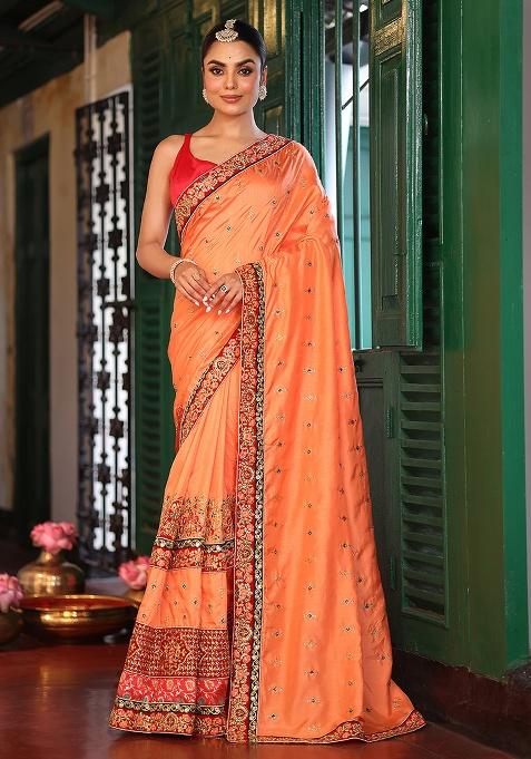 Peach Embroidered Silk Blend Saree Set
