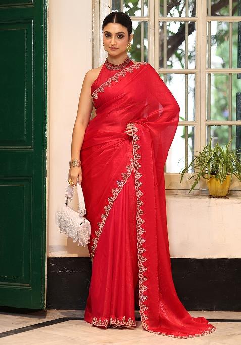 Red Embroidered Faux Tissue Saree Set