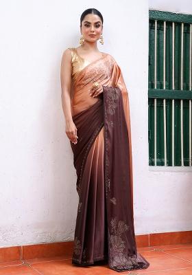Peach Embroidered Satin Saree Set