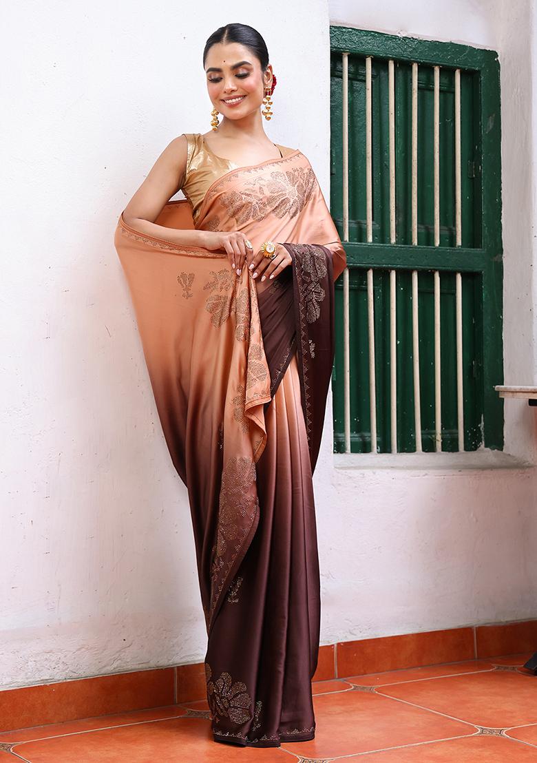 Peach Embroidered Satin Saree Set - Indya