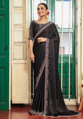 Black Embroidered Satin Saree Set