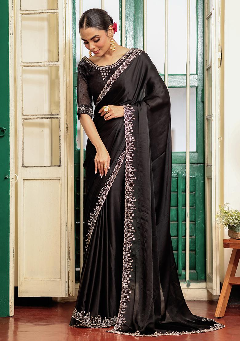 Black Embroidered Satin Saree Set - Indya