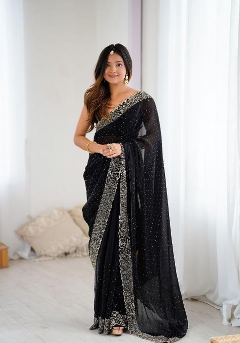 Black Embroidered Chiffon Saree Set