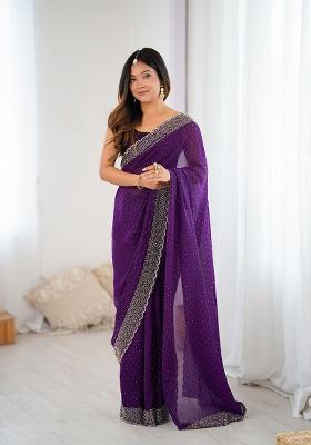 Purple Embroidered Chiffon Saree Set