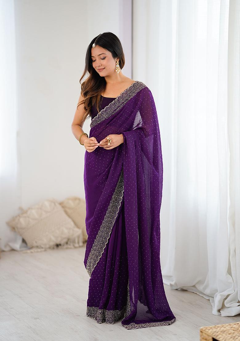 Purple Embroidered Chiffon Saree Set - Indya