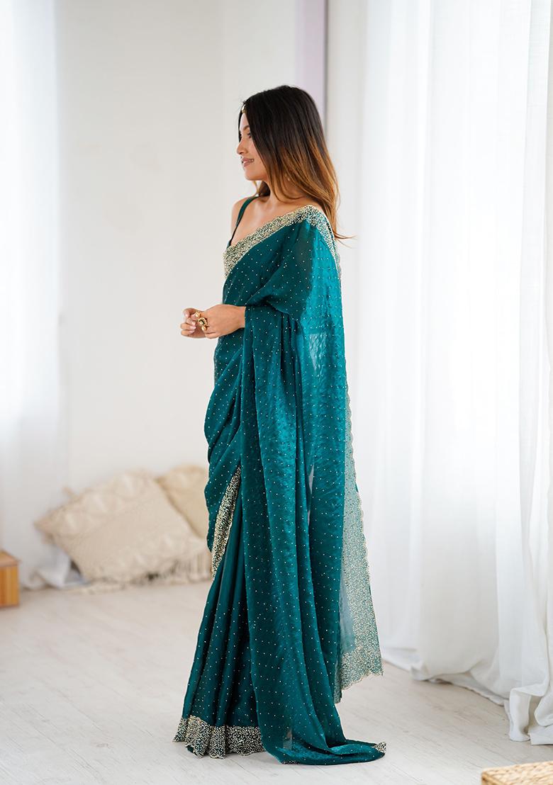 Green Embroidered Chiffon Saree Set - Indya