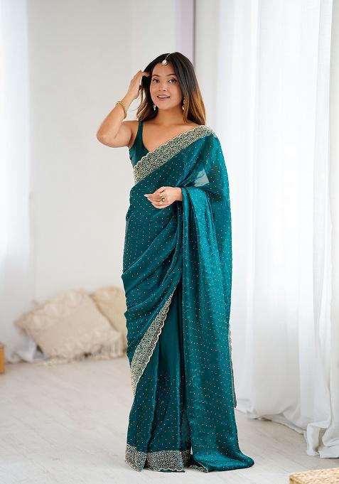 Green Embroidered Chiffon Saree Set