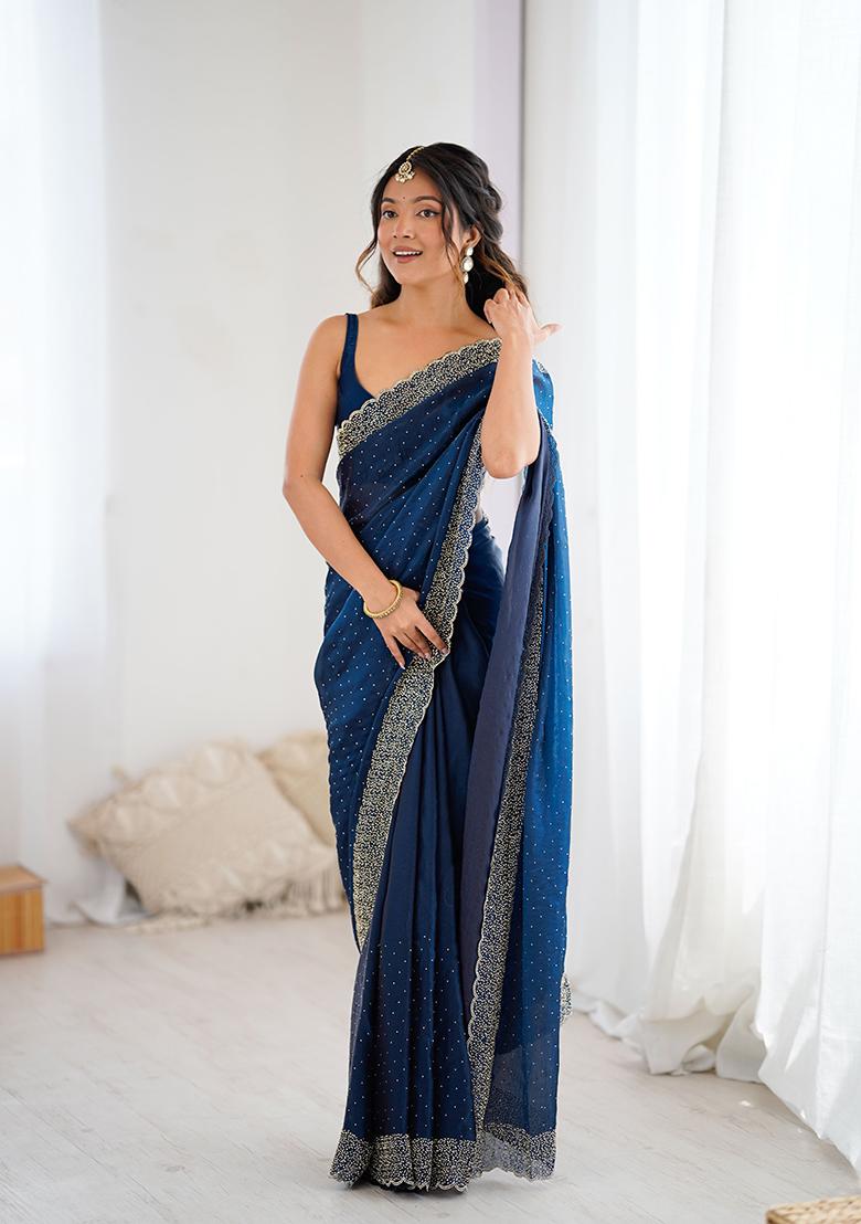 Teal Embroidered Chiffon Saree Set - Indya