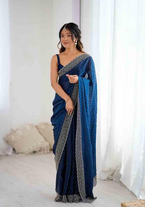 Teal Embroidered Chiffon Saree Set