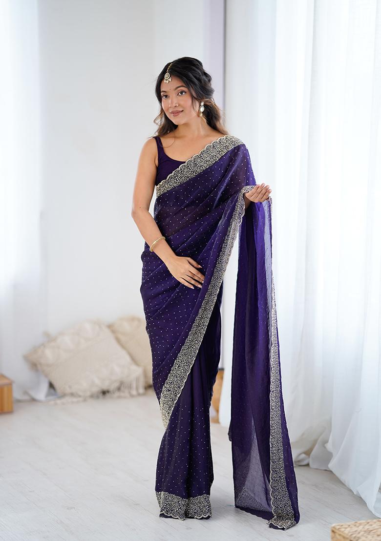 Violet Embroidered Chiffon Saree Set - Indya