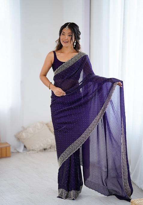 Violet Embroidered Chiffon Saree Set
